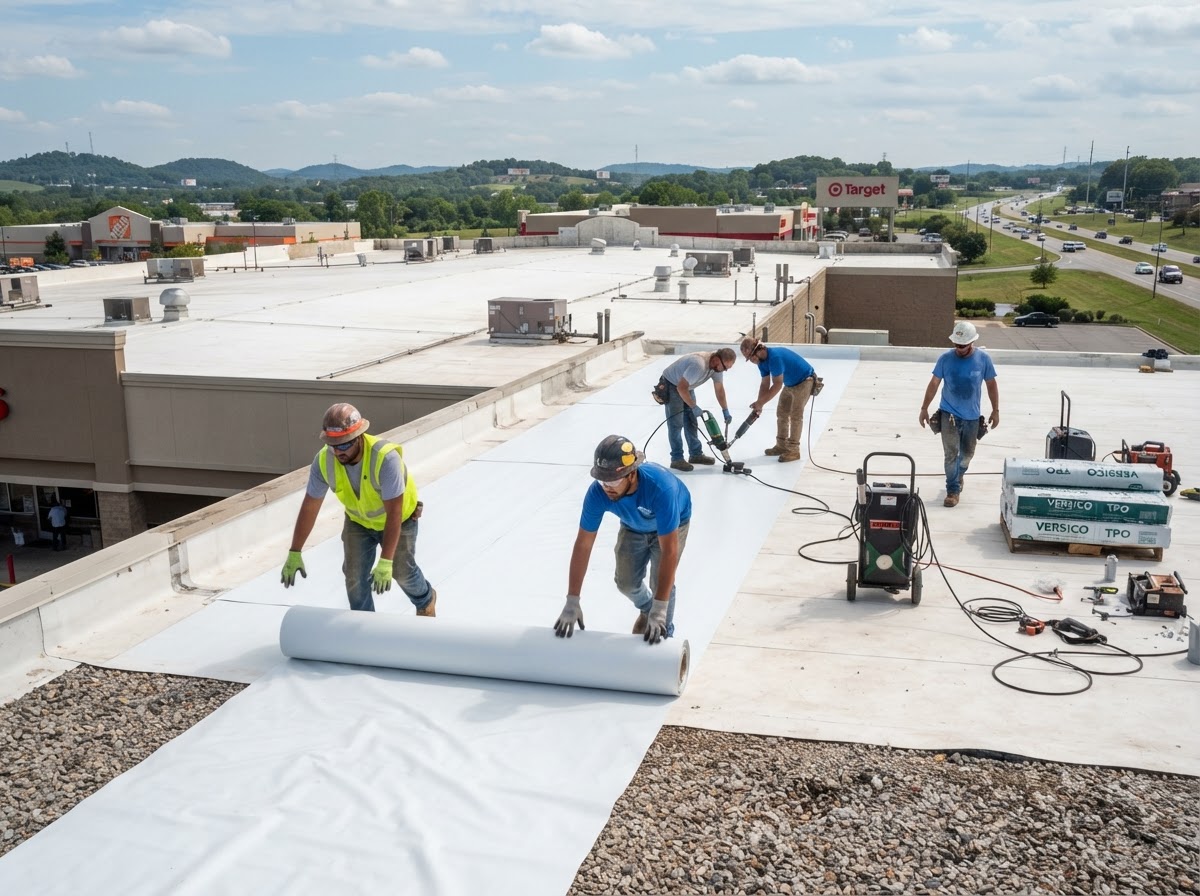 Commercial flat roof crew installing TPO membrane on a retail building