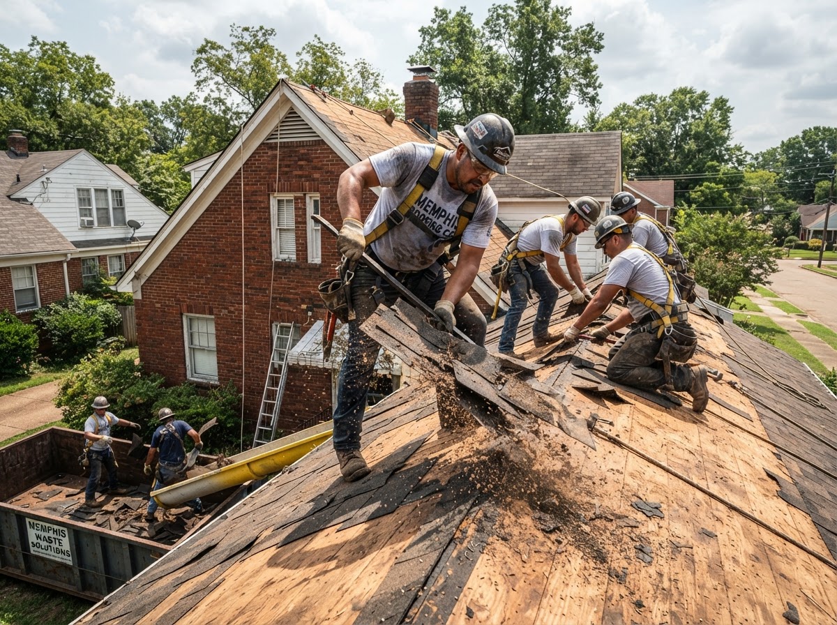 Full roof tear-off crew stripping old shingles from the deck