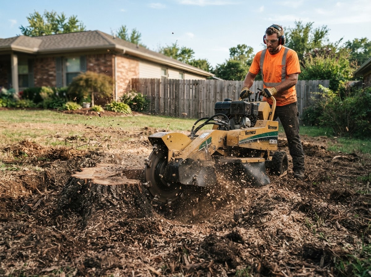 Stump grinding machine clearing a tree stump below grade