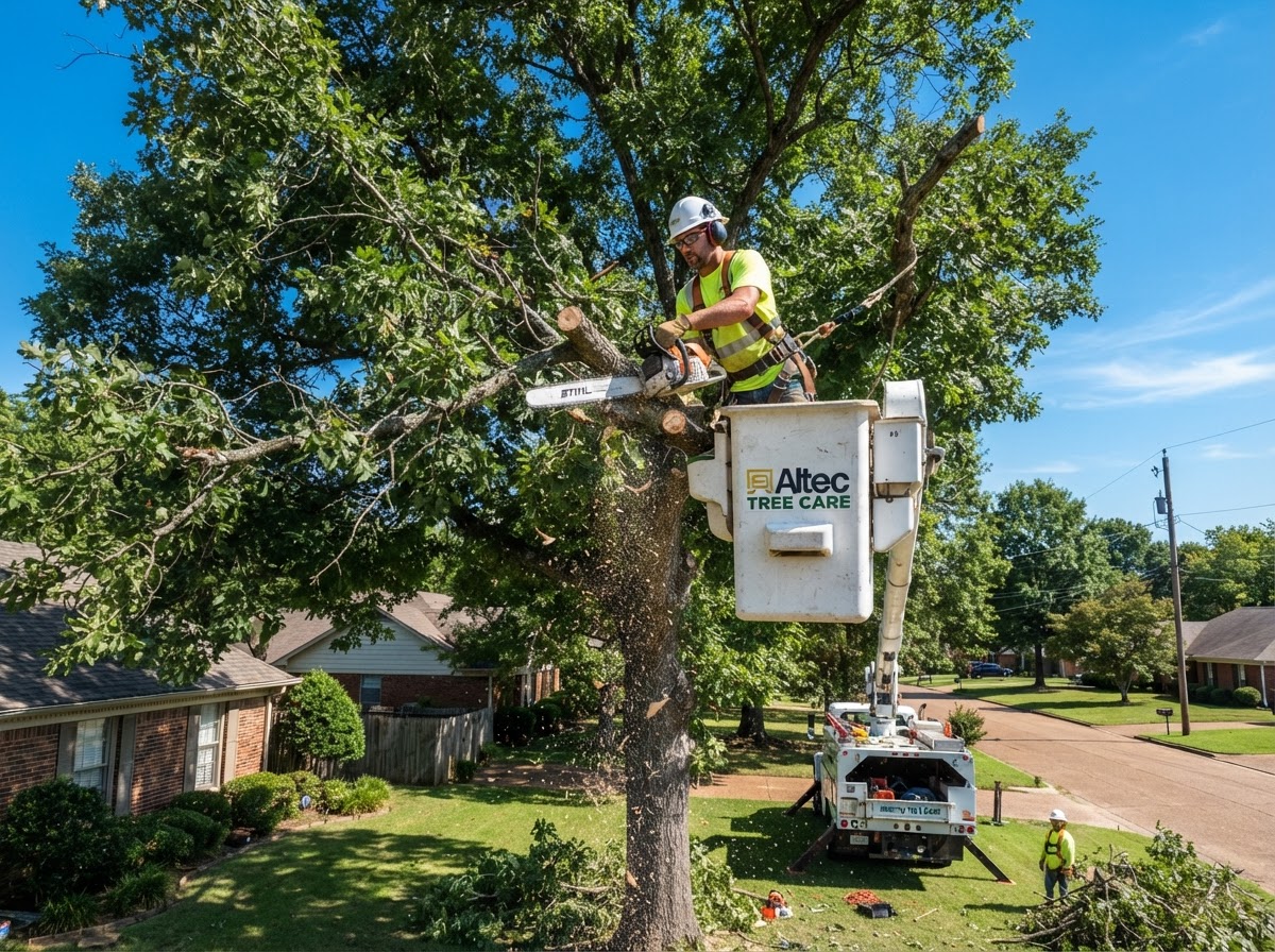 Arborist in a bucket truck trimming high branches with a chainsaw