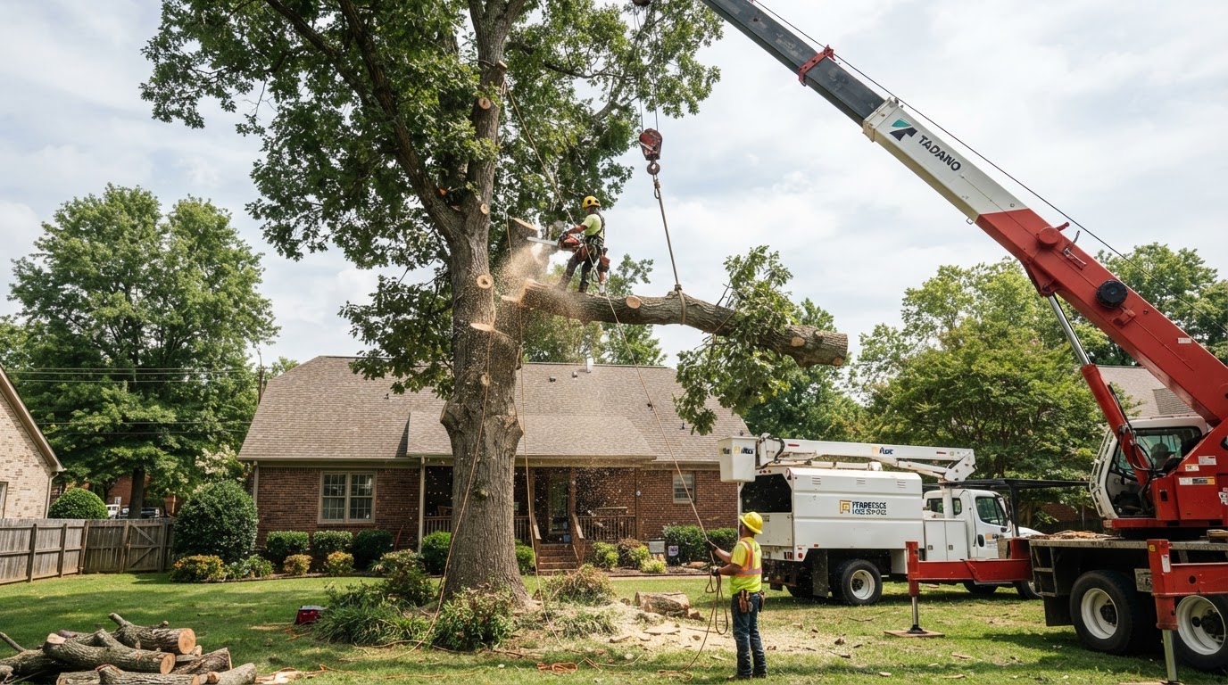 Tree removal crew taking down a large oak with a crane and bucket truck