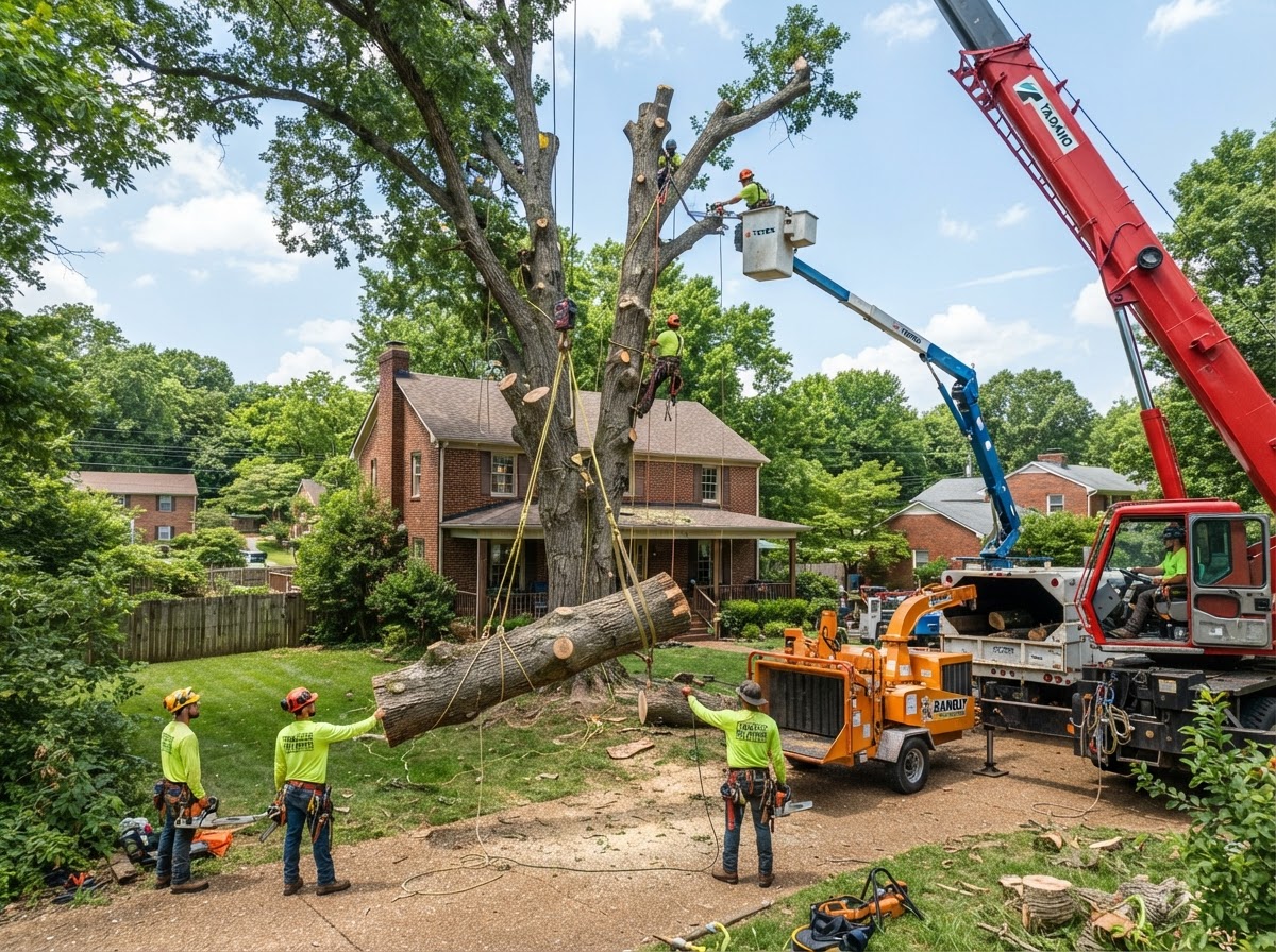Crew removing a large hazardous oak tree with crane assistance