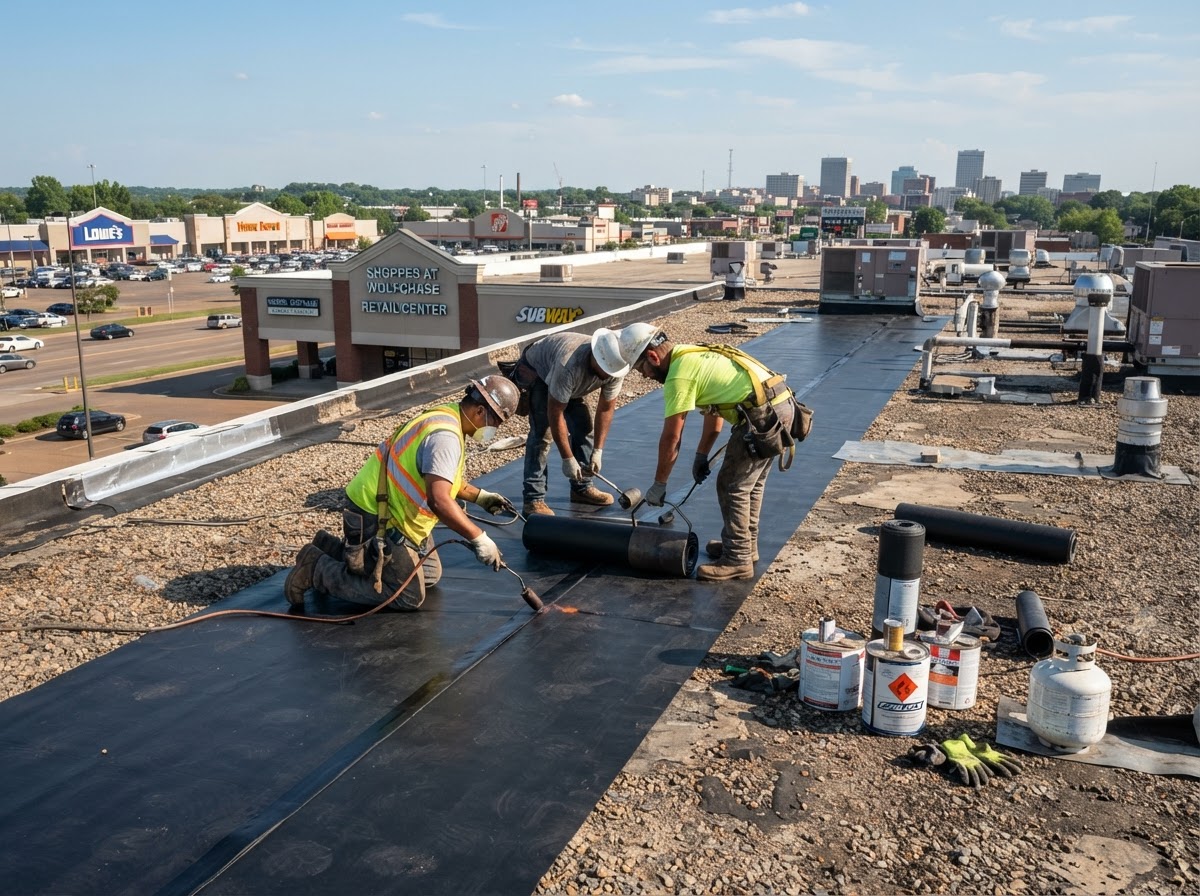 Commercial flat roof membrane installation on a retail building