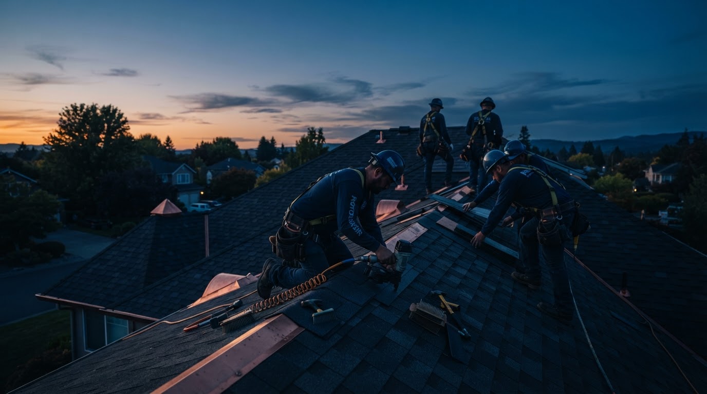 Professional roofing contractor crew installing shingles at golden hour