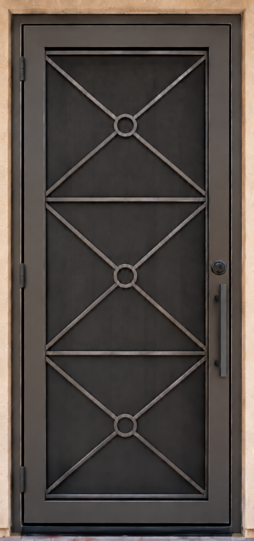 Circle Cross — Geometric X-Brace · Forged Rings iron security screen door by Kartchner Kustoms
