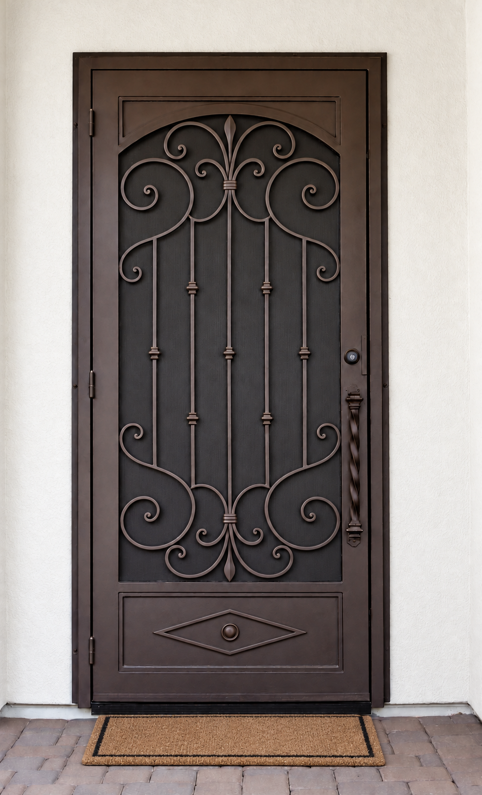 Tucson Tuscan — Symmetrical Scroll · Ornate Arch iron security screen door by Kartchner Kustoms