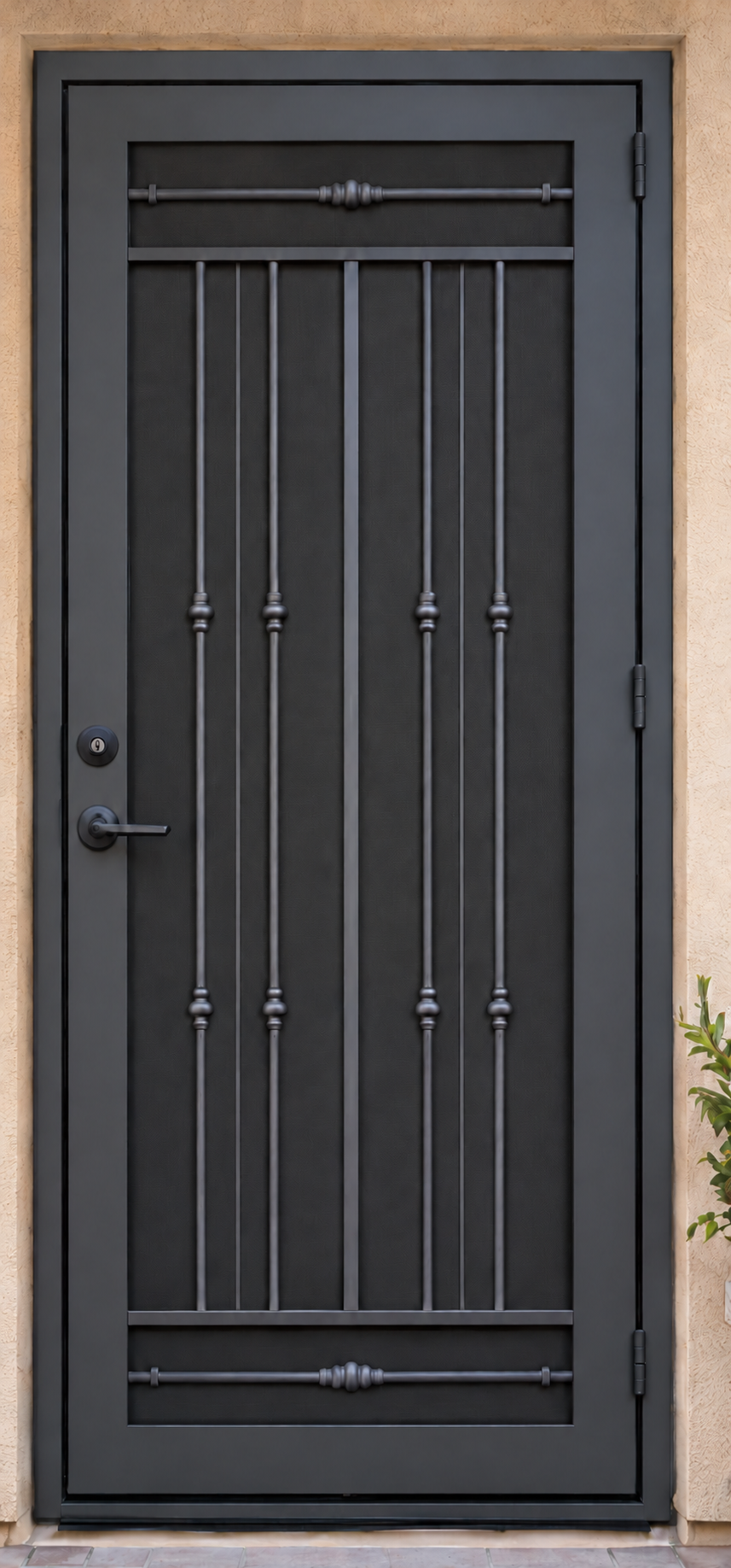Sonoran Straight — Dimensional Pickets · Cast Knuckles iron security screen door by Kartchner Kustoms