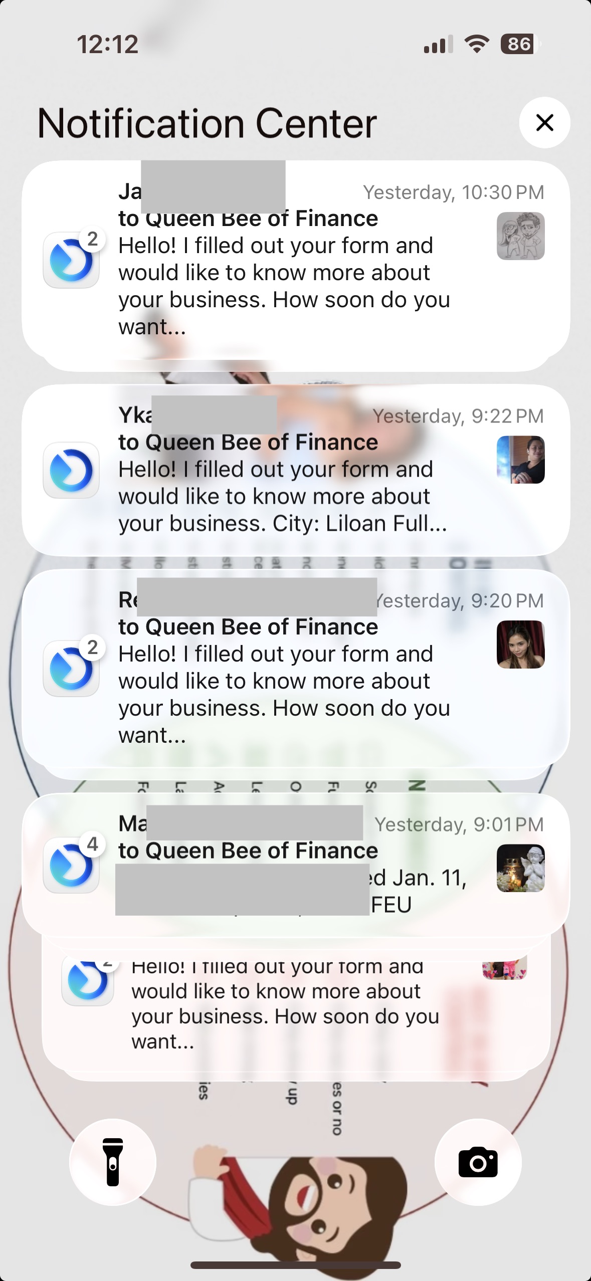 Notification Center showing incoming inquiries from prospects