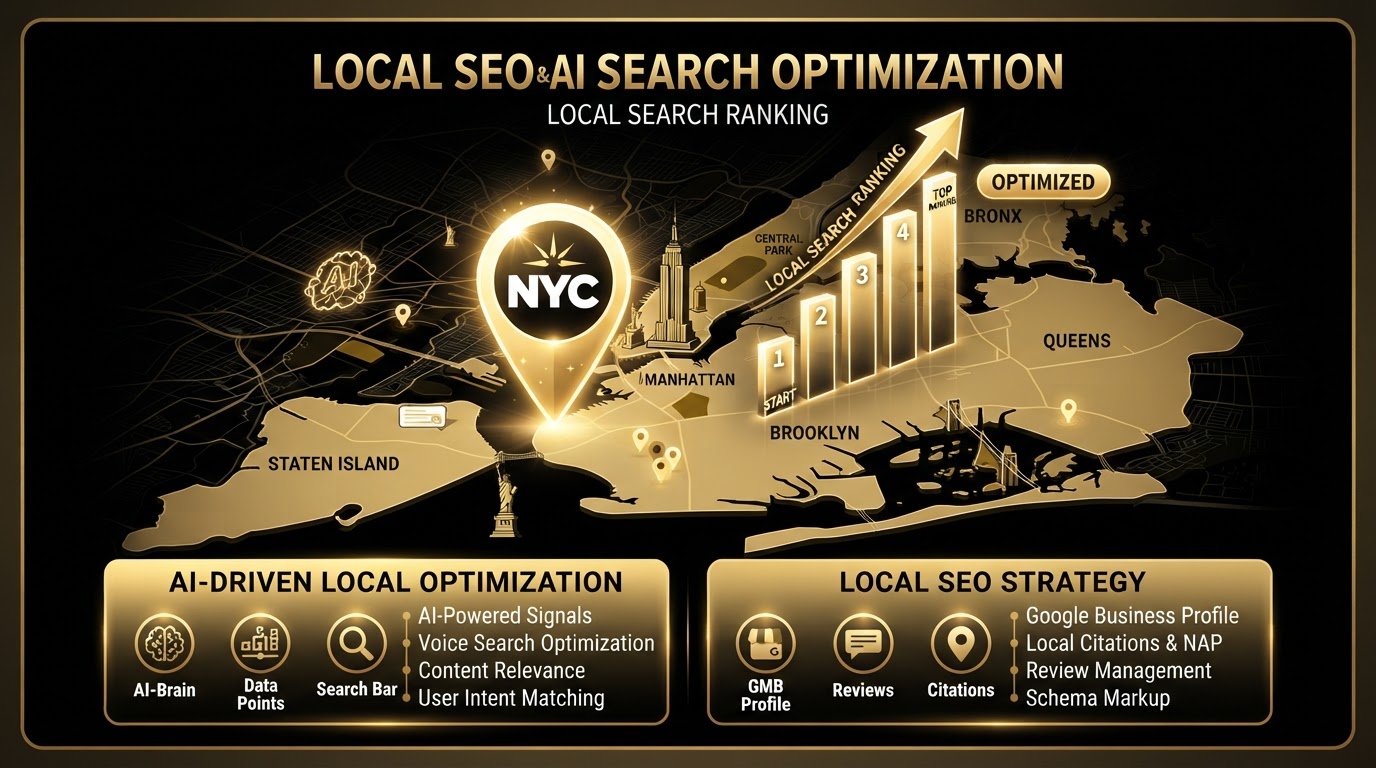 Infographic showing local SEO and AI search optimization for NYC businesses