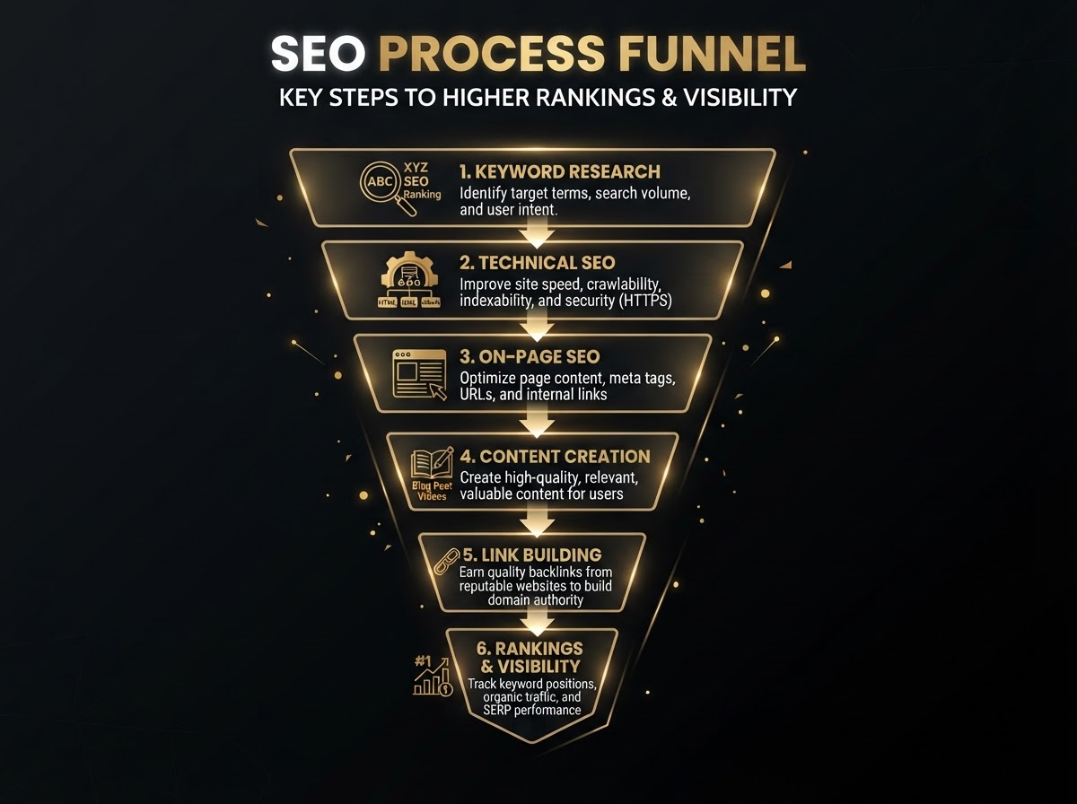 Infographic showing the SEO process funnel from research to rankings