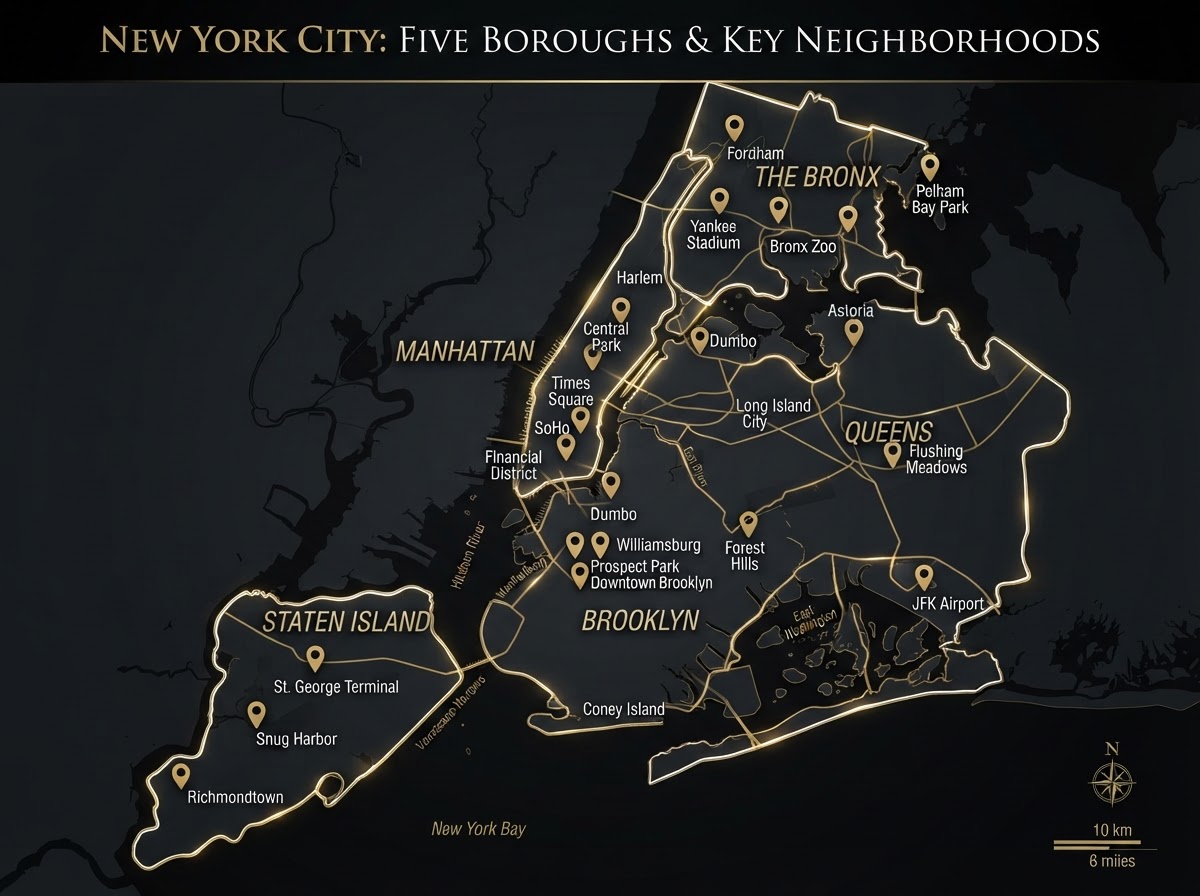 Map of New York City's five boroughs with local SEO coverage areas