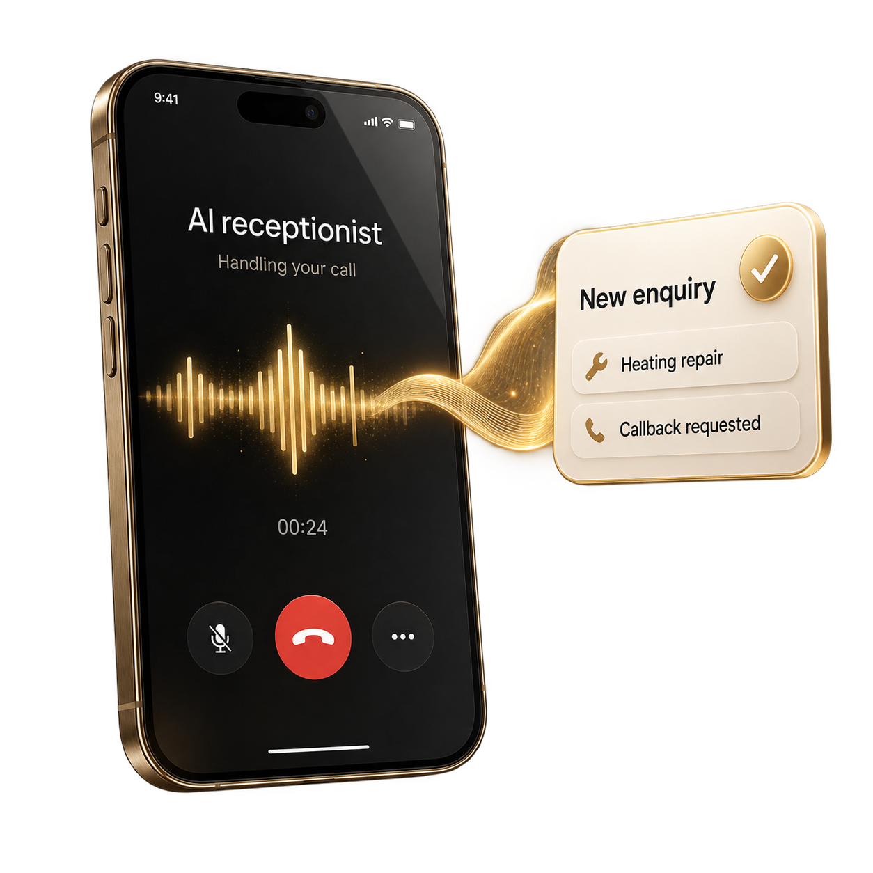 3D gold smartphone answering an incoming homeowner call with sound wave and structured enquiry handoff