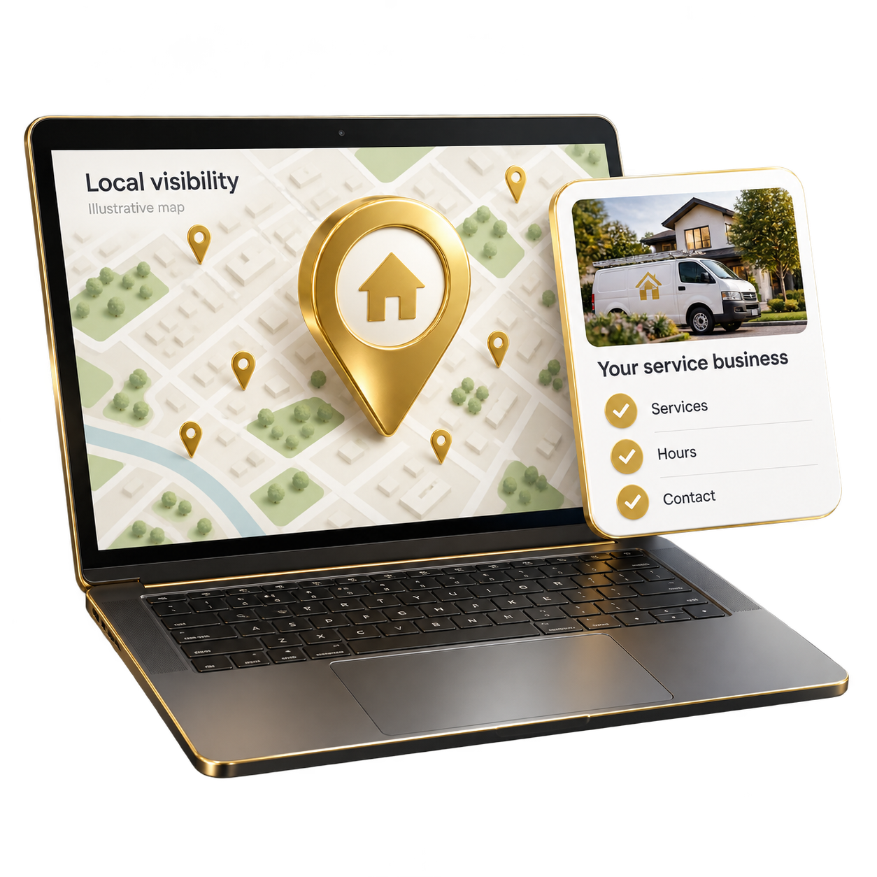 3D gold-accented laptop with local map pin and service profile details