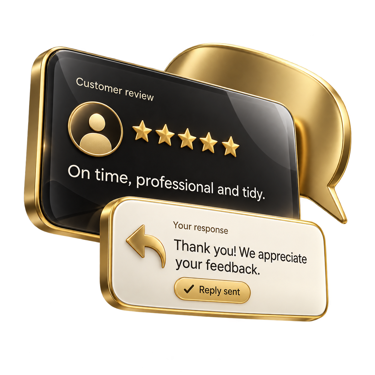 3D golden review speech bubbles with 5-star rating and owner response
