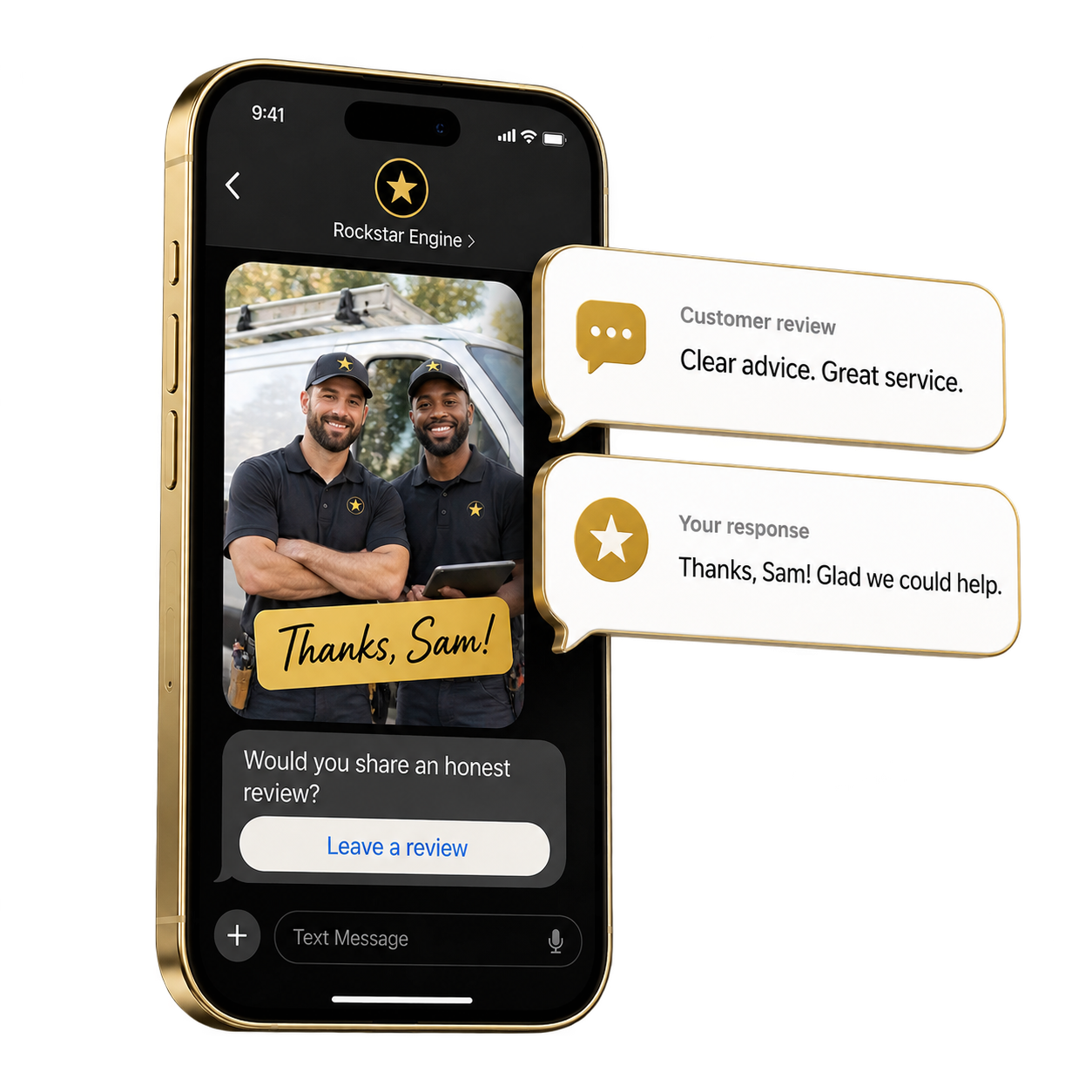 Personalized review request message on gold smartphone with contractor photo