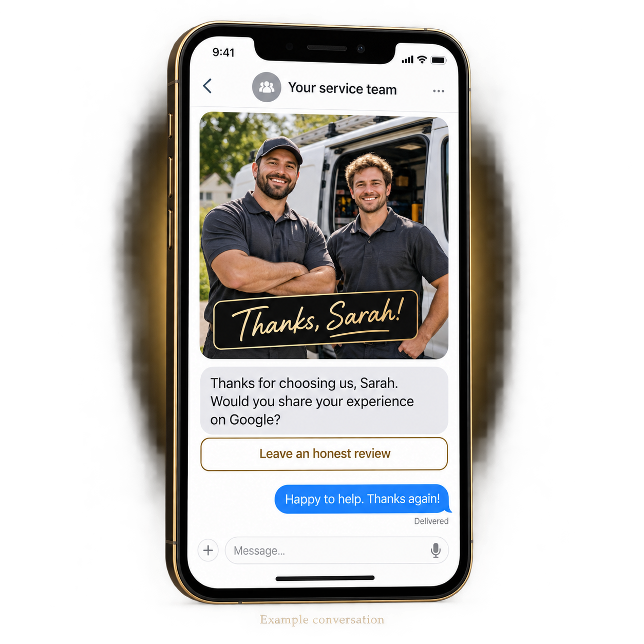 Personalized review request sent to a customer by text message