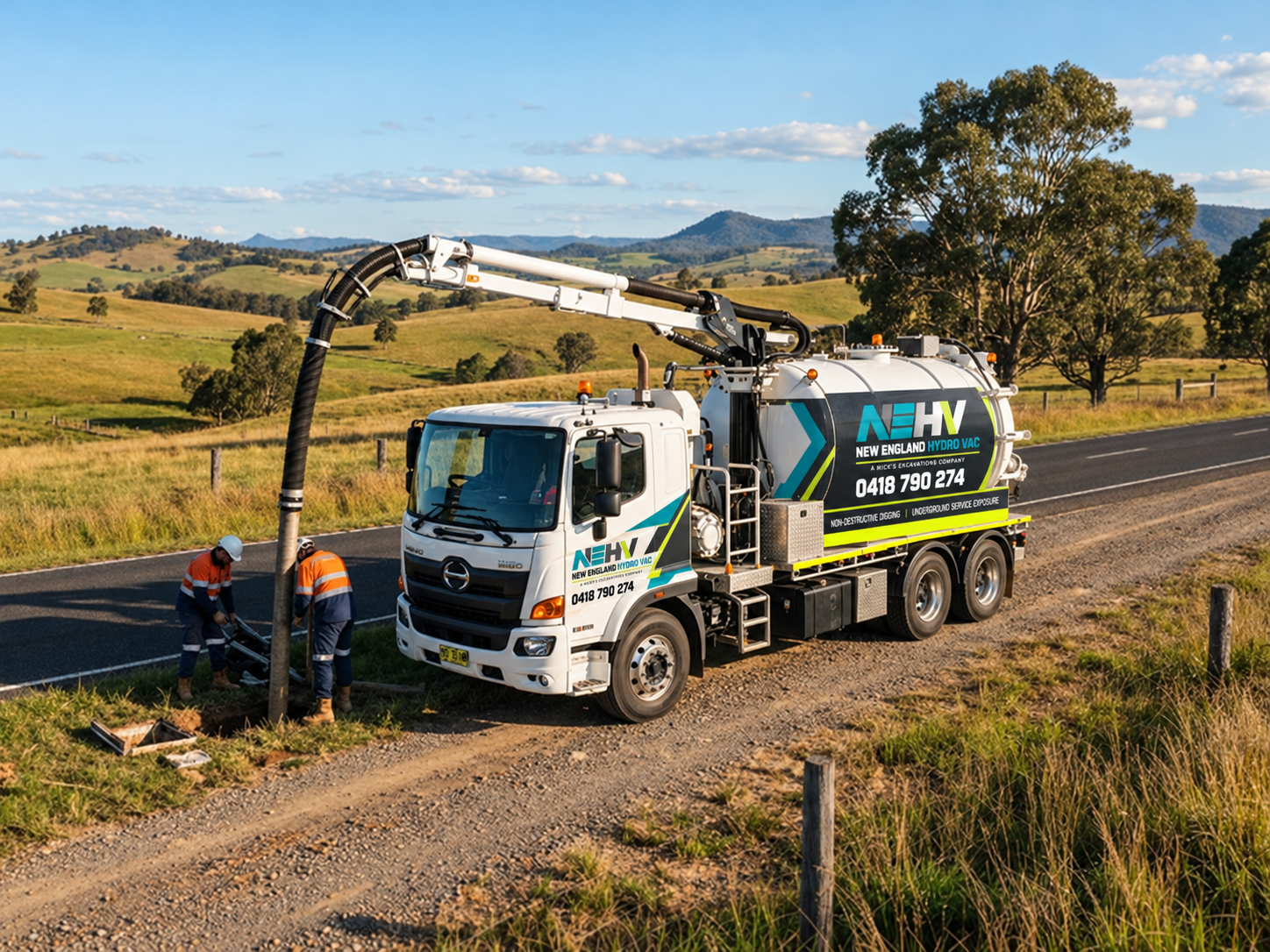 New England Hydro Vac Hino 500 Vacvator truck operating roadside with boom deployed in the New England countryside near Tamworth NSW