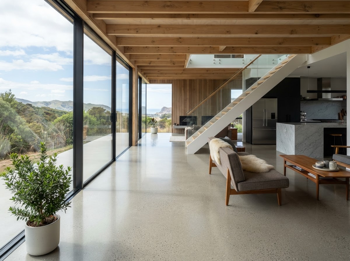 Polished concrete house floor installation by Sharp N Ready Concrete