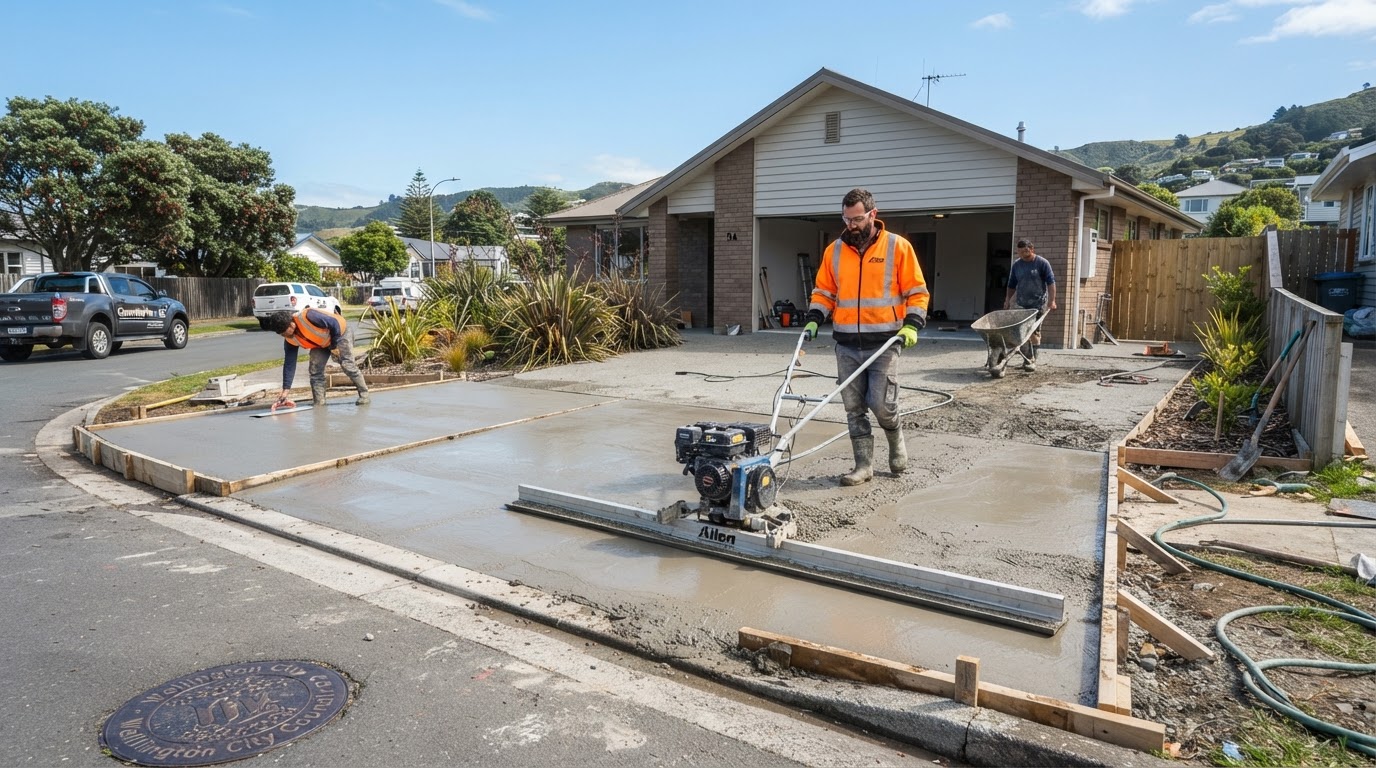 Sharp N Ready Concrete crew finishing a poured concrete driveway on site in Levin
