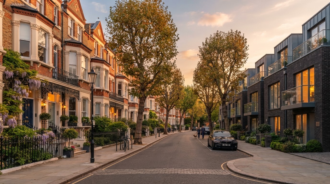 Residential street in Greater Manchester at golden hour