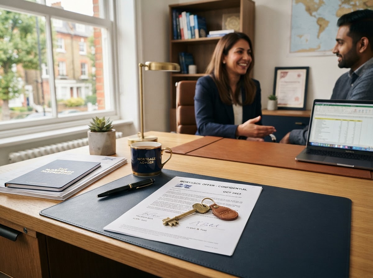Mortgage adviser desk with house key and contract documents