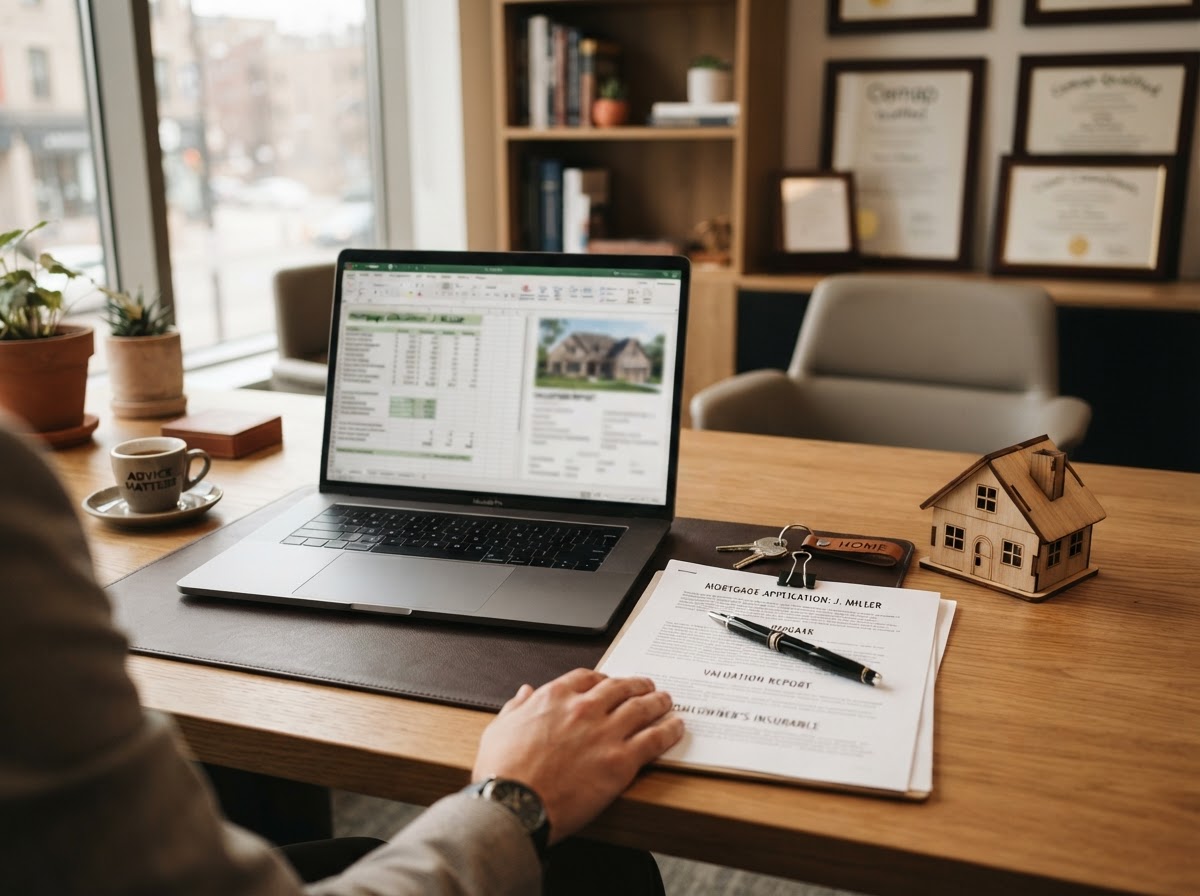 Mortgage adviser desk with property documents and keys