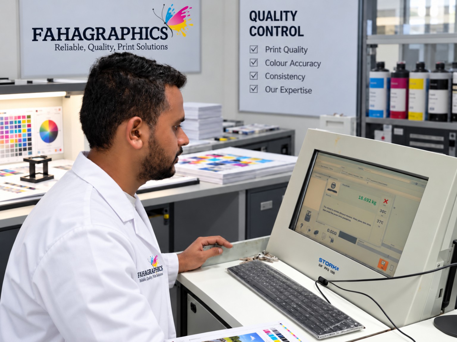Fahagraphics technician in white lab coat working at the colour and quality workstation with colour charts and printed samples