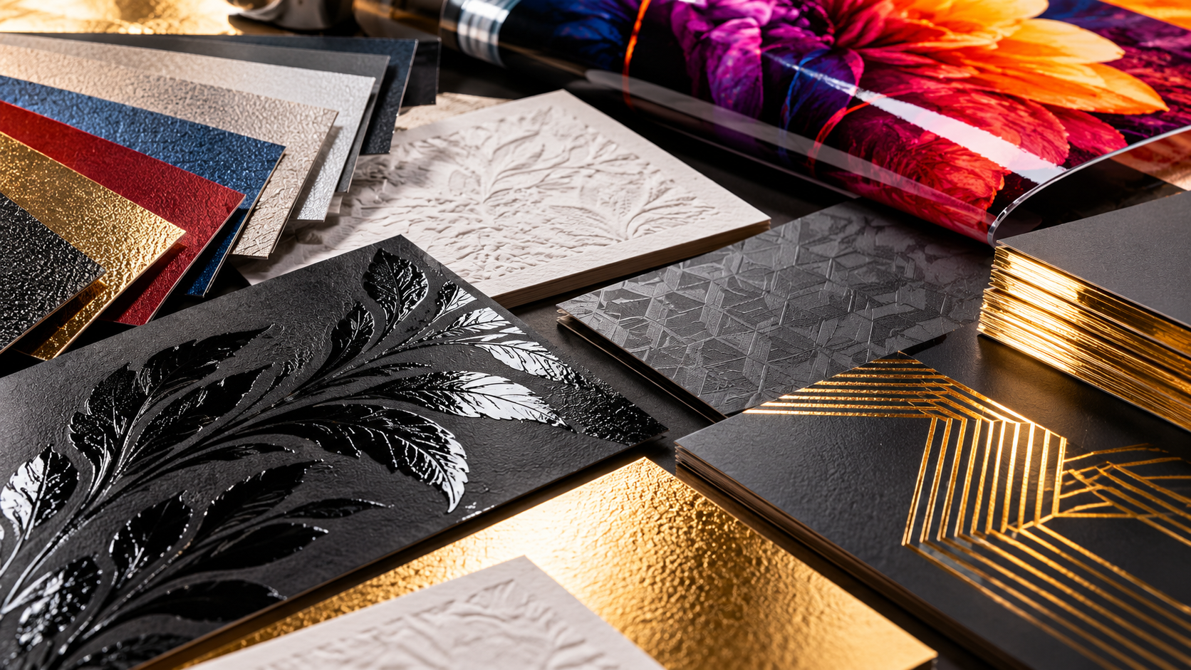 Luxury print finishing sample collection with spot UV gloss, soft-touch lamination, gold foil stamping and textured embossing