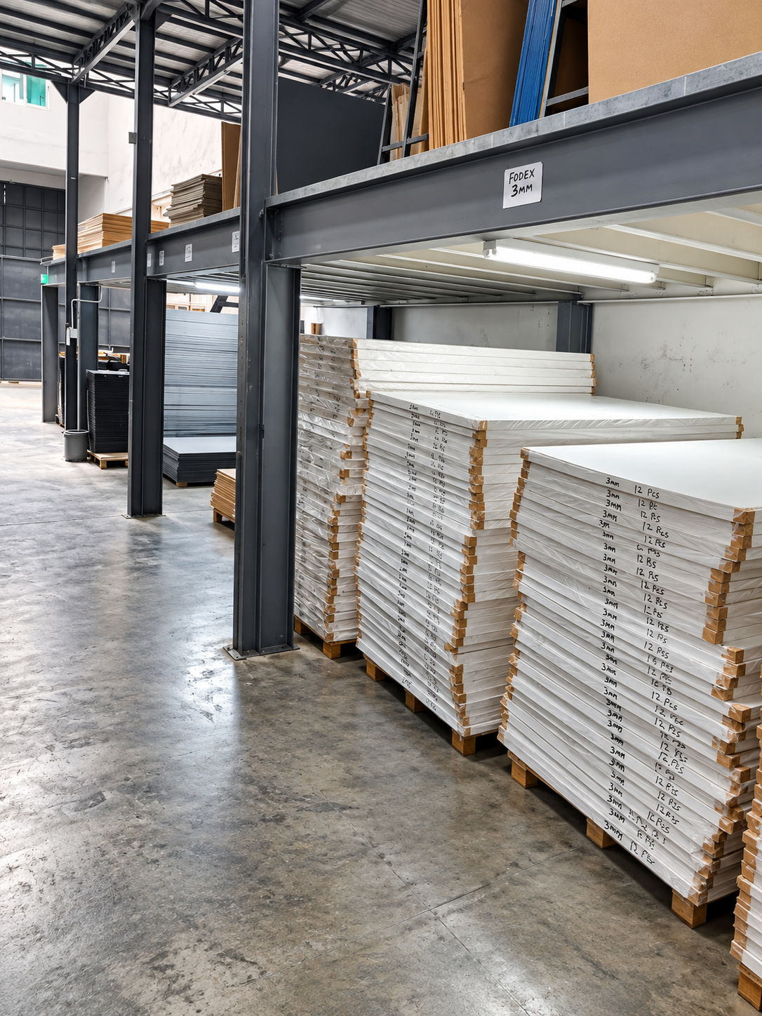 Warehouse racks containing stacks of large white rigid sheet materials