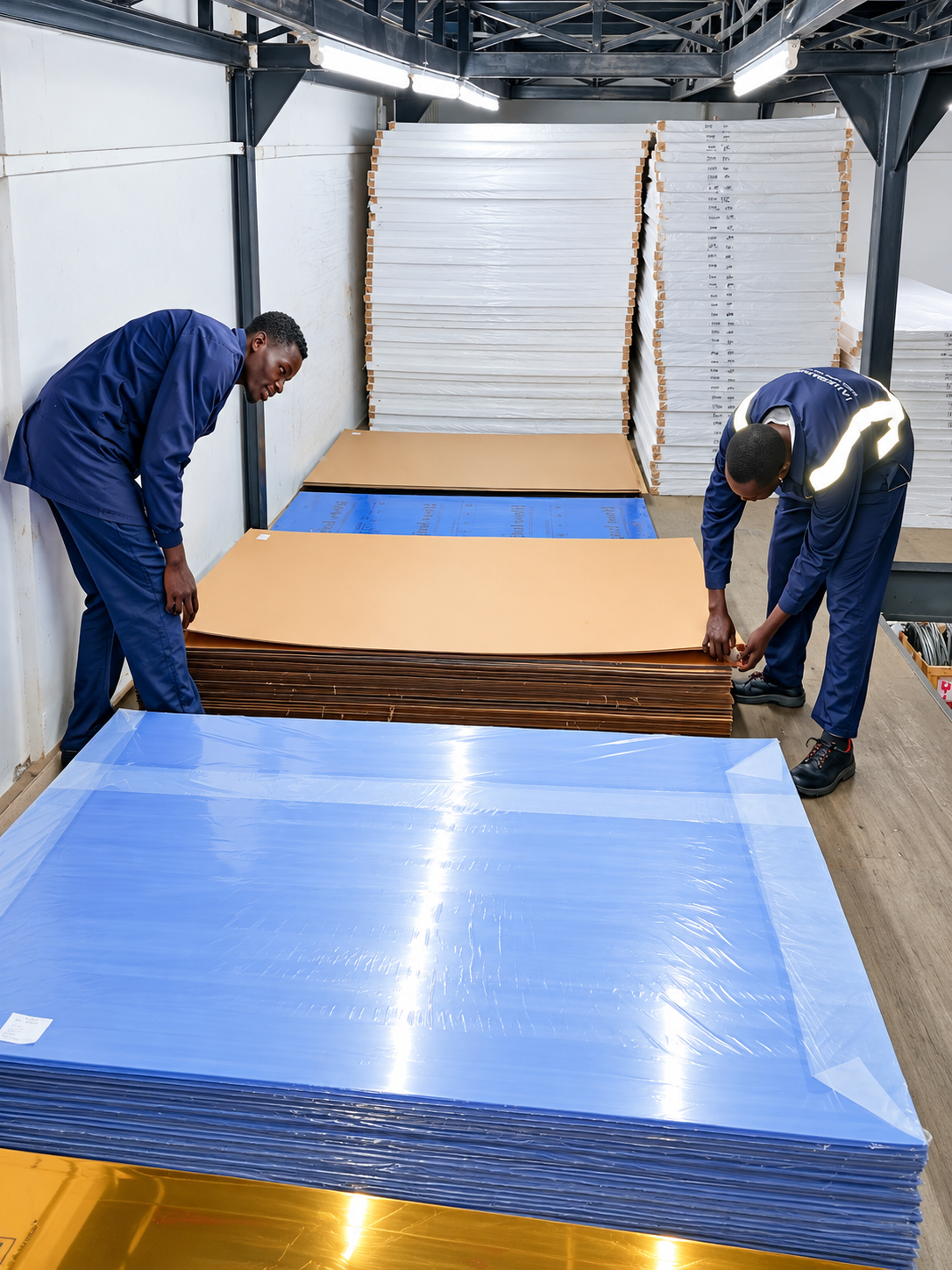 Two Fahagraphics team members handling large sheet materials