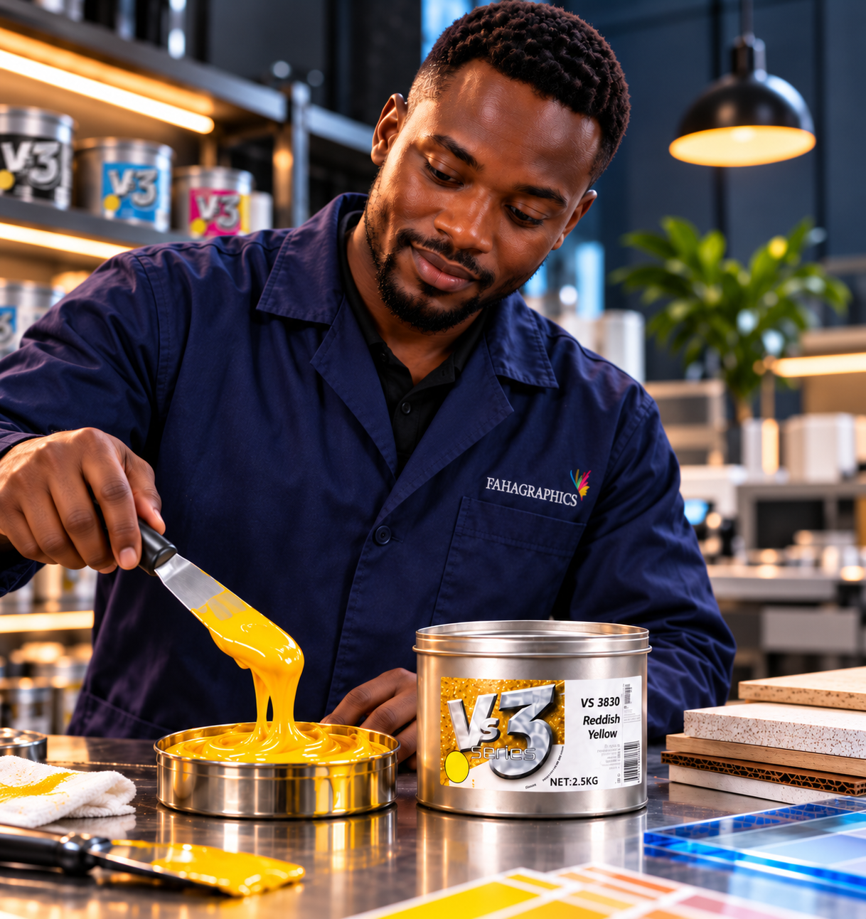 Fahagraphics technician working with VS3 Reddish Yellow ink and spatula in print preparation