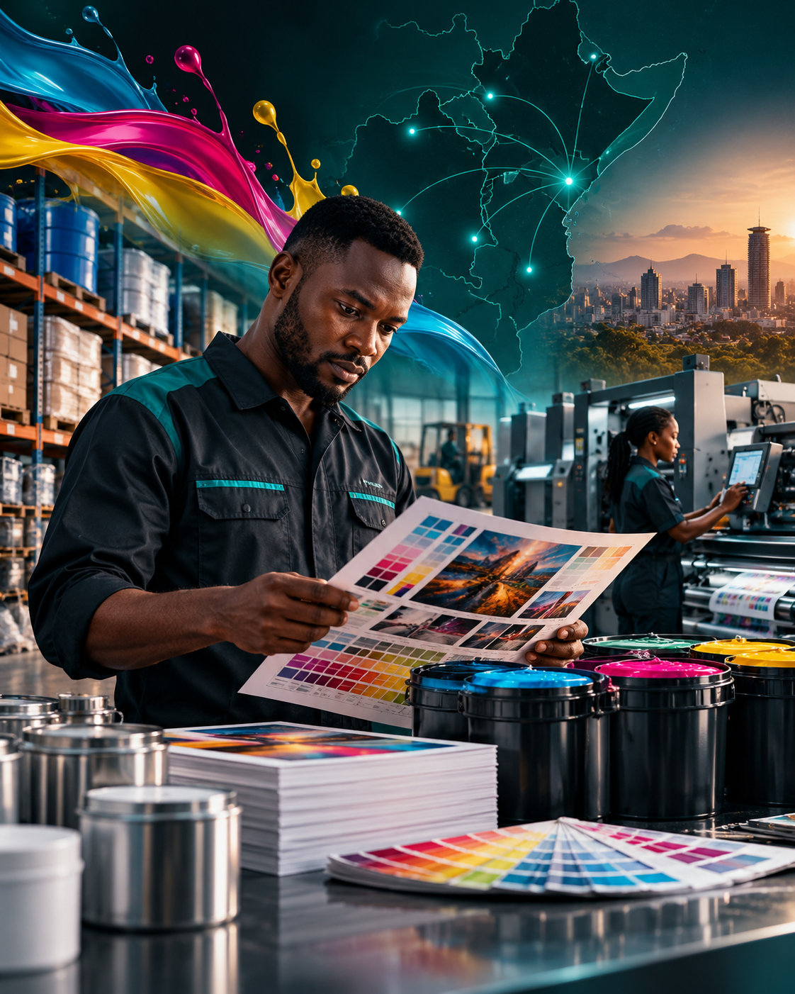 Fahagraphics print professional inspecting color proofs in the pressroom with East Africa distribution and Nairobi skyline