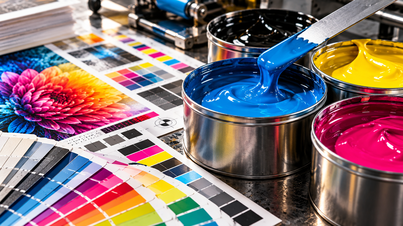 Vibrant print and material swatches showing paper textures, vinyl rolls, corrugated boards and metallic sheets