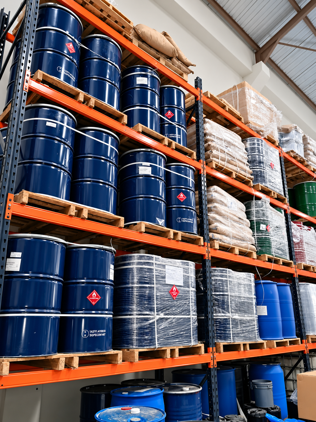 Tall warehouse shelving filled with drums and stored materials