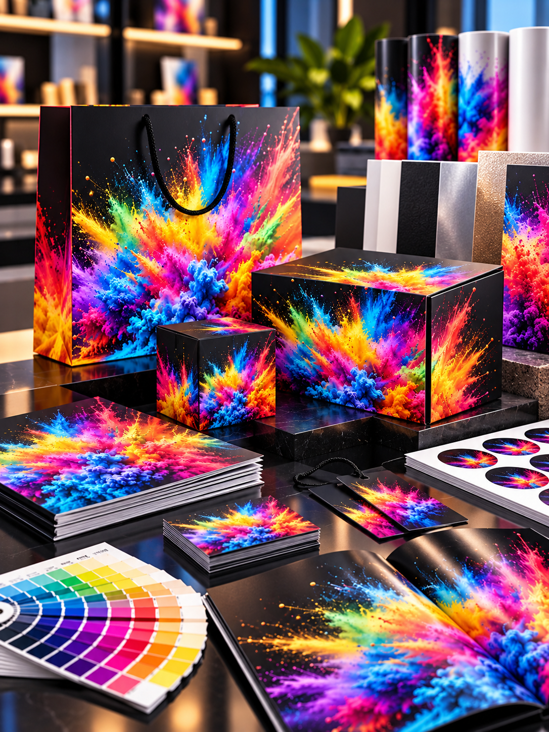 Finished print products including colourful printed bags, boxes, cards, and brochures