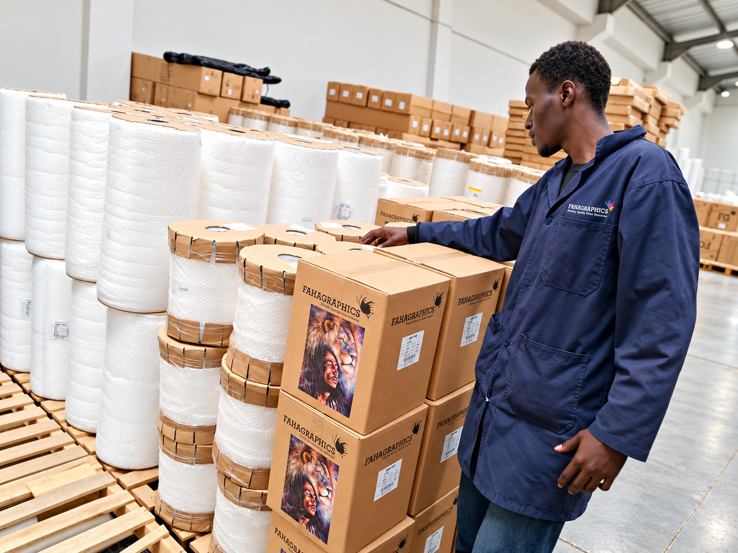 Fahagraphics team member among stored rolls and cartons in the warehouse