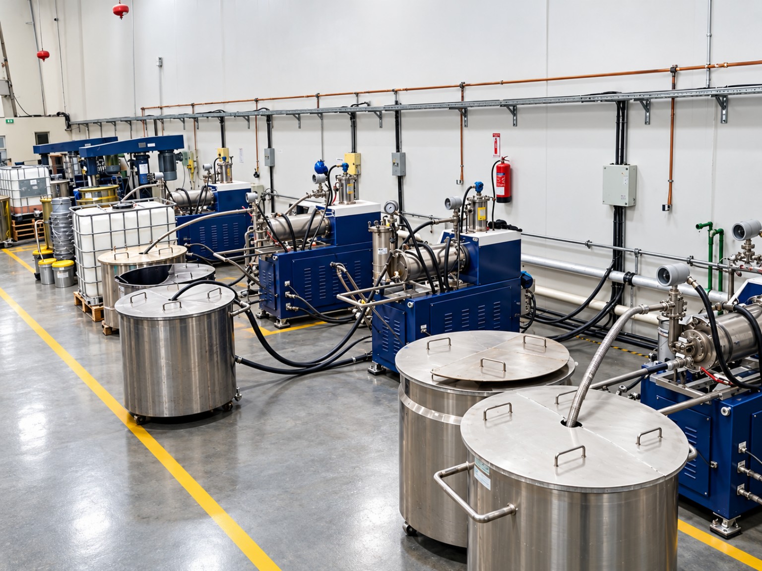 Industrial Fahagraphics production and mixing facility with stainless-steel vessels, piping and blue processing equipment