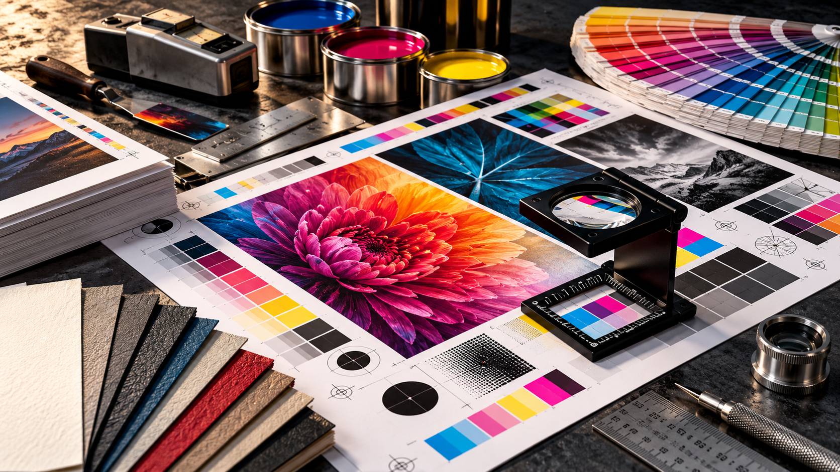 From RGB glow on screen to CMYK physical print on printing press with colour separation bars