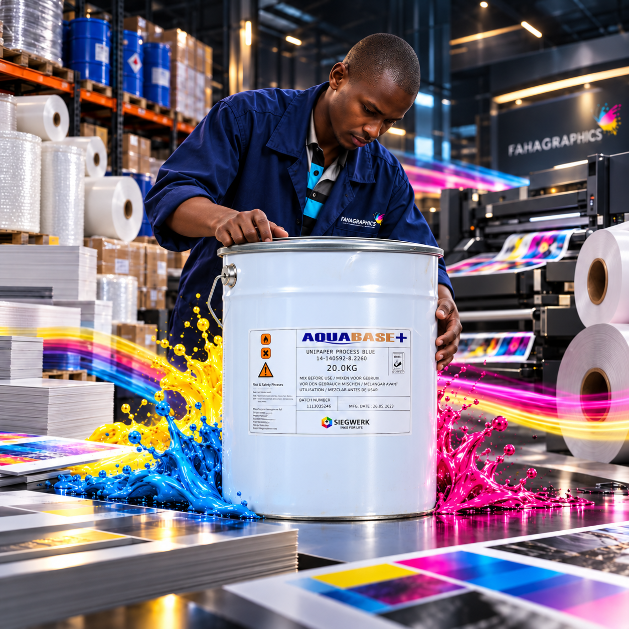 Fahagraphics Siegwerk AquaBase+ 20KG container in pressroom facility