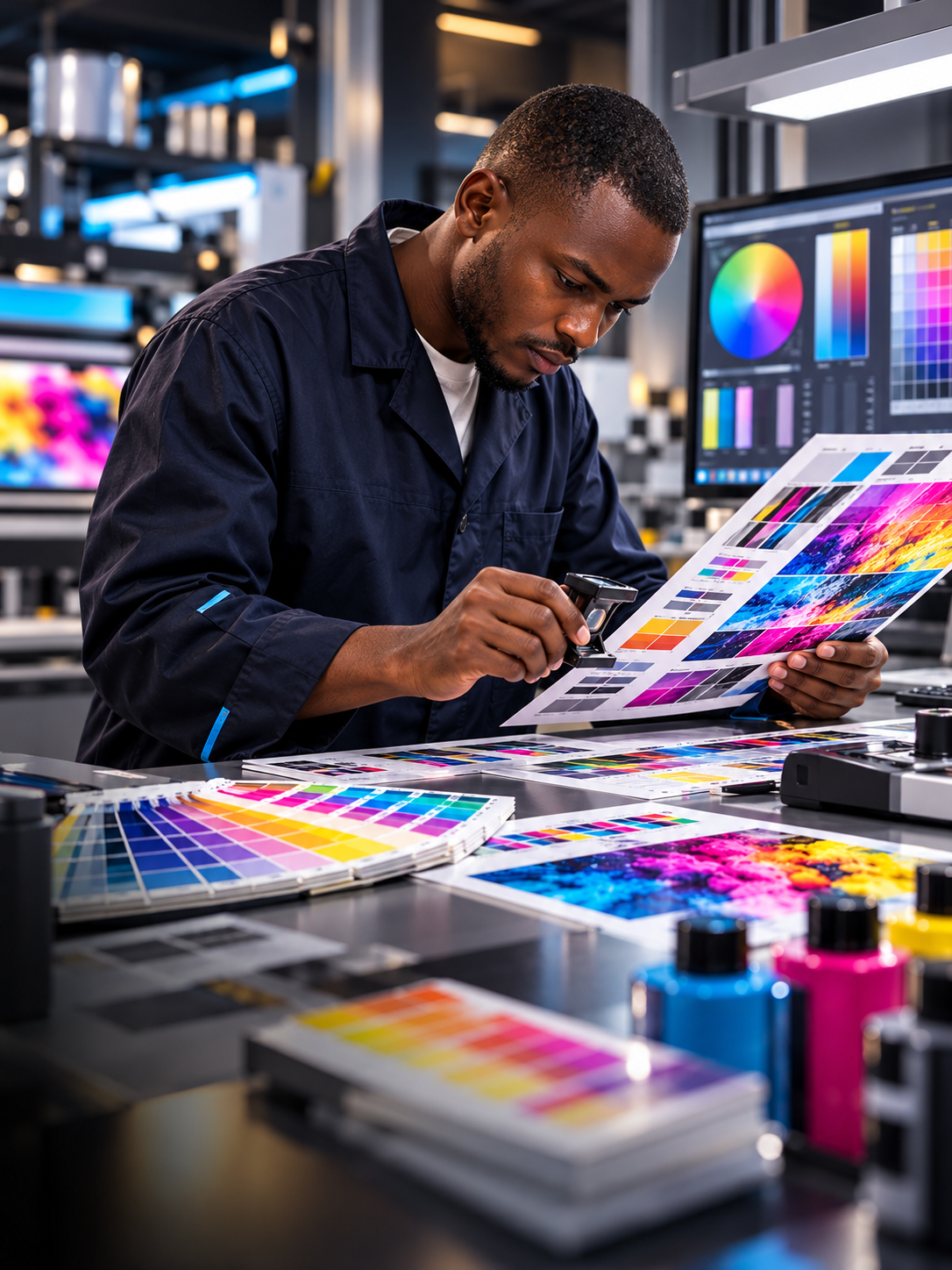 Fahagraphics print technician inspecting colourful printed colour proof under lighting