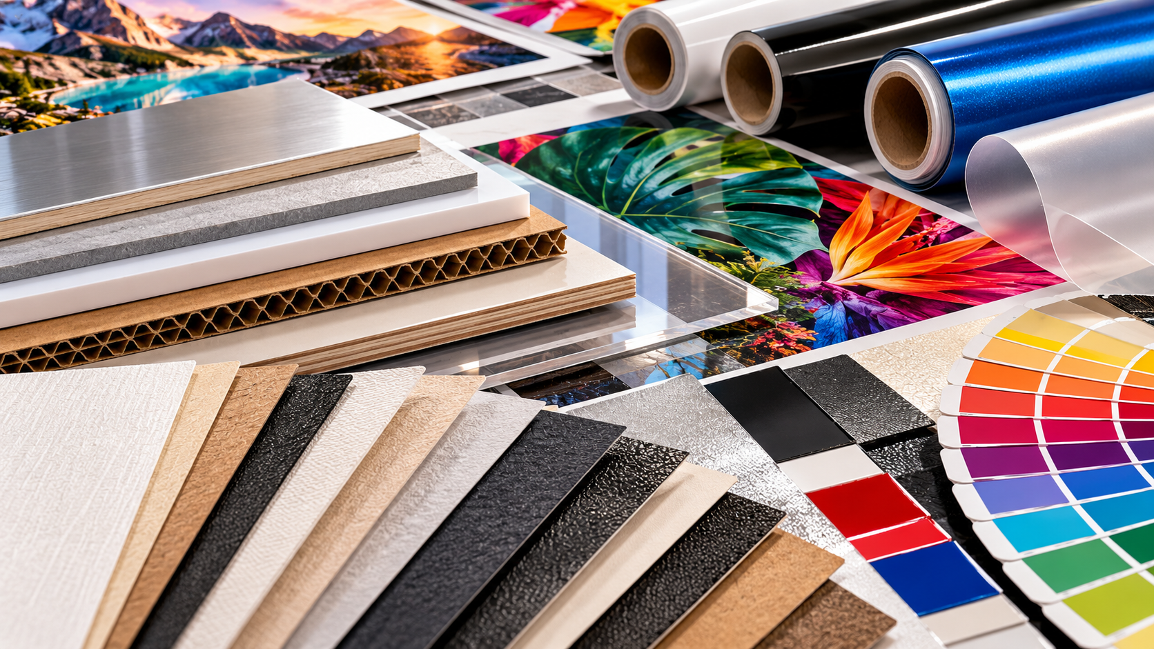Vibrant CMYK ink printing workspace with ink tins, drawdowns, colour swatches and spectrophotometer calibration targets