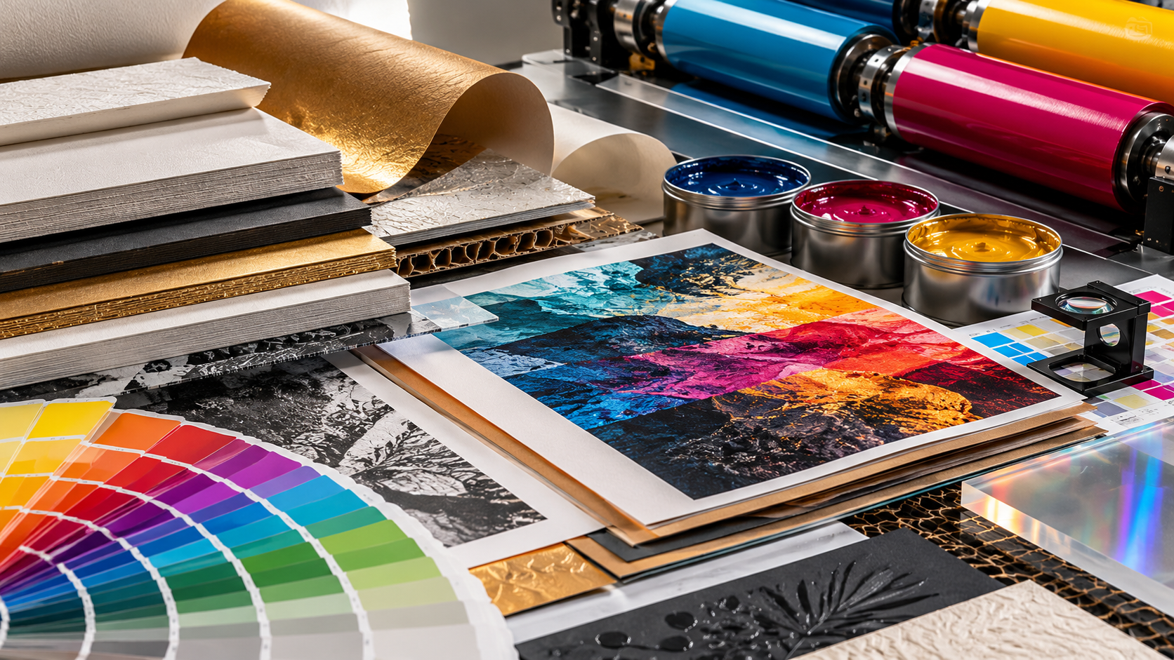 Professional print proofing workspace with linen tester loupe, colour swatch books, press sheets and ink cans