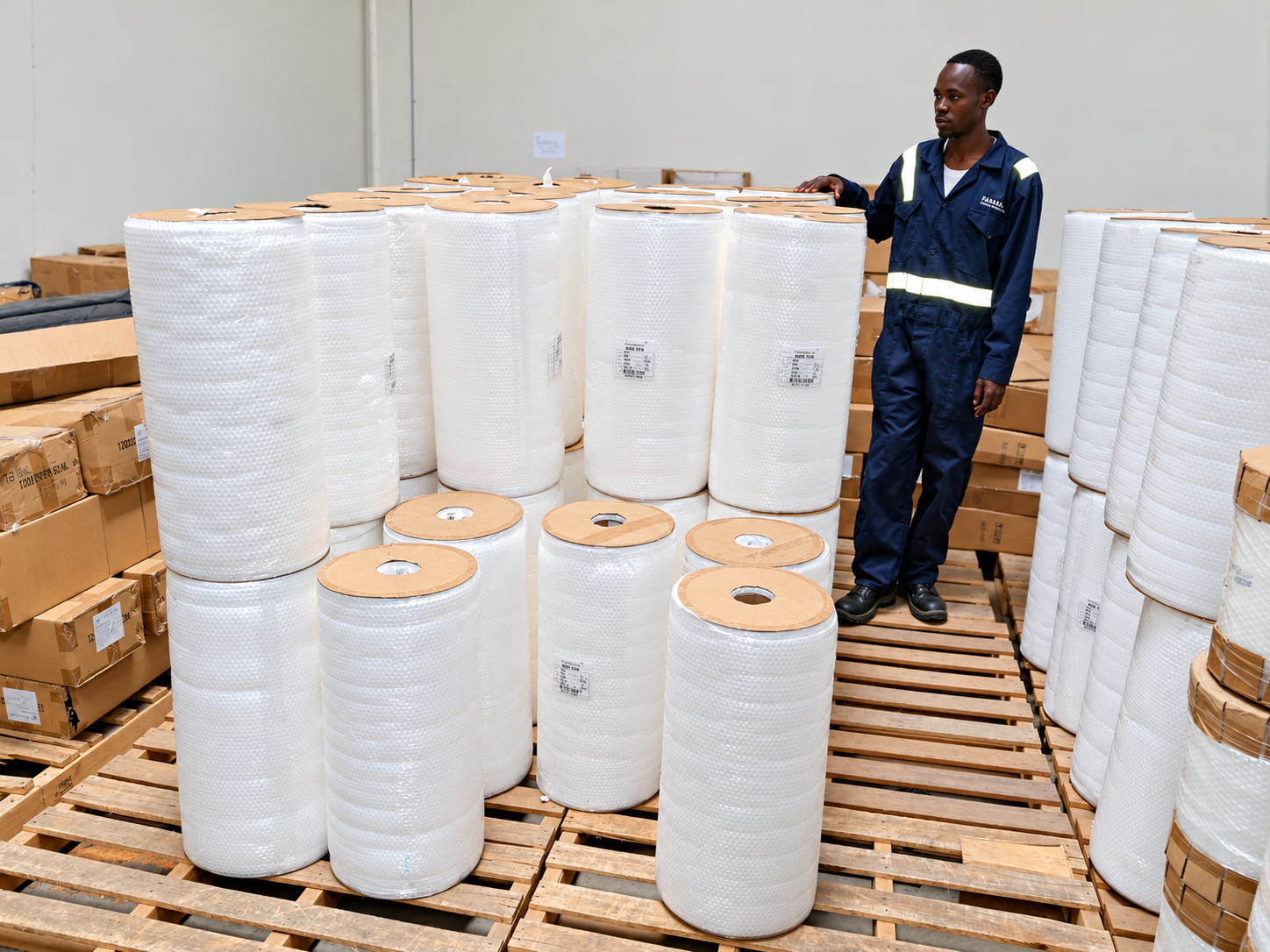 Fahagraphics staff member standing among multiple large white rolls