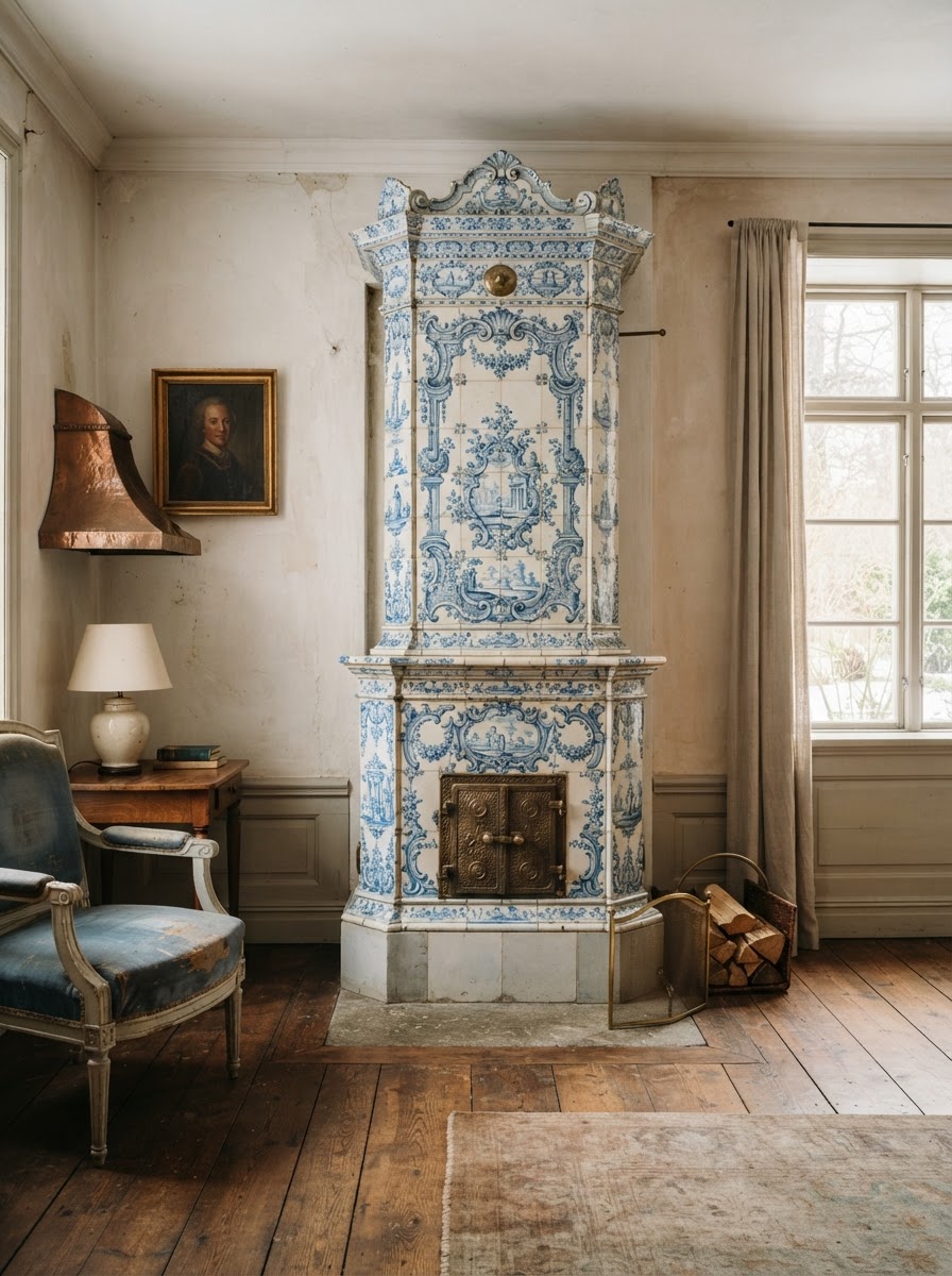 Historisk 1700-talskakelugn med patinerad ornamentik och tidstypisk glasyr