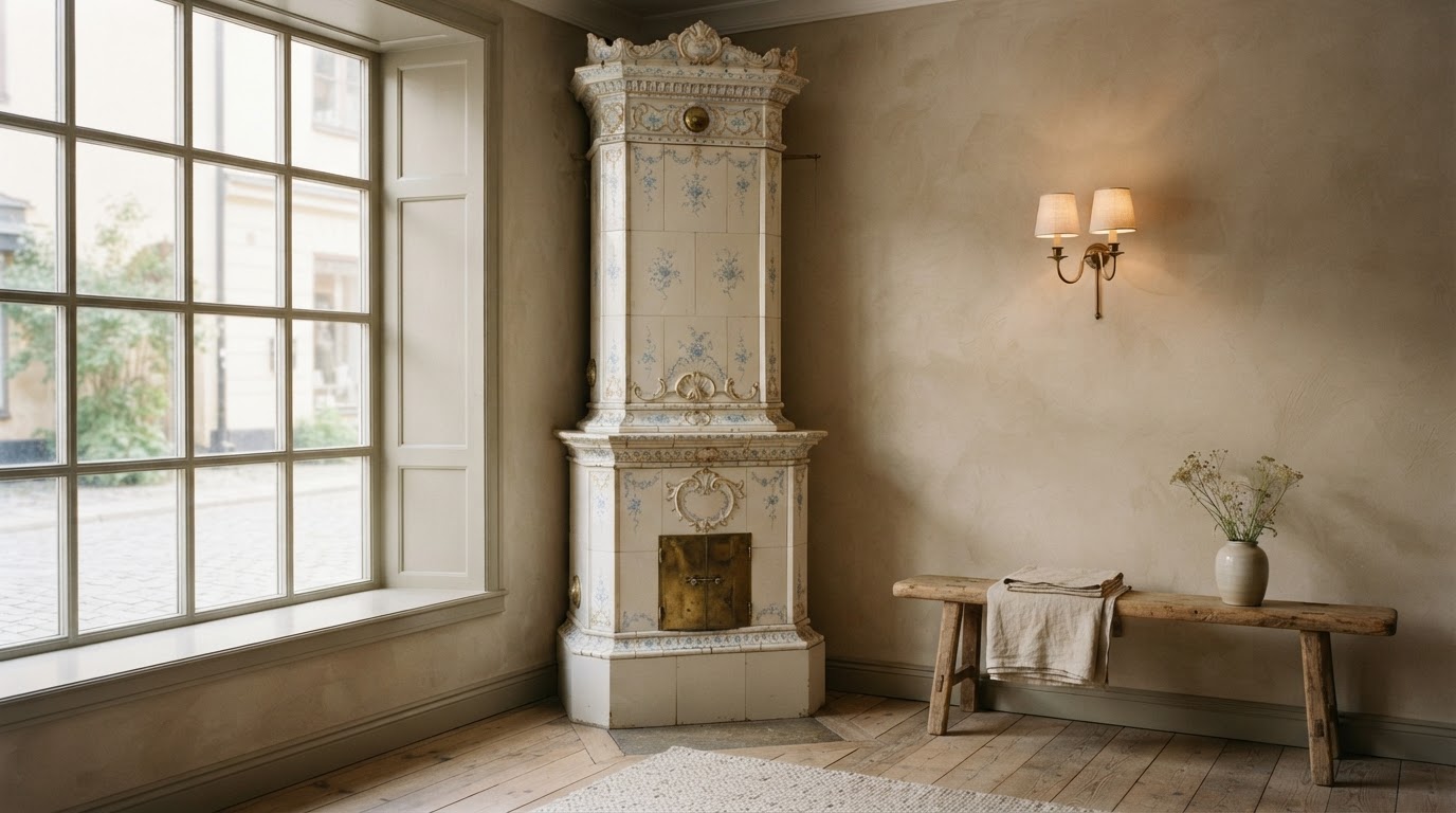 Showroom-hörn med högrest elfenbensvit kakelugn, linneduk och mässingssconce