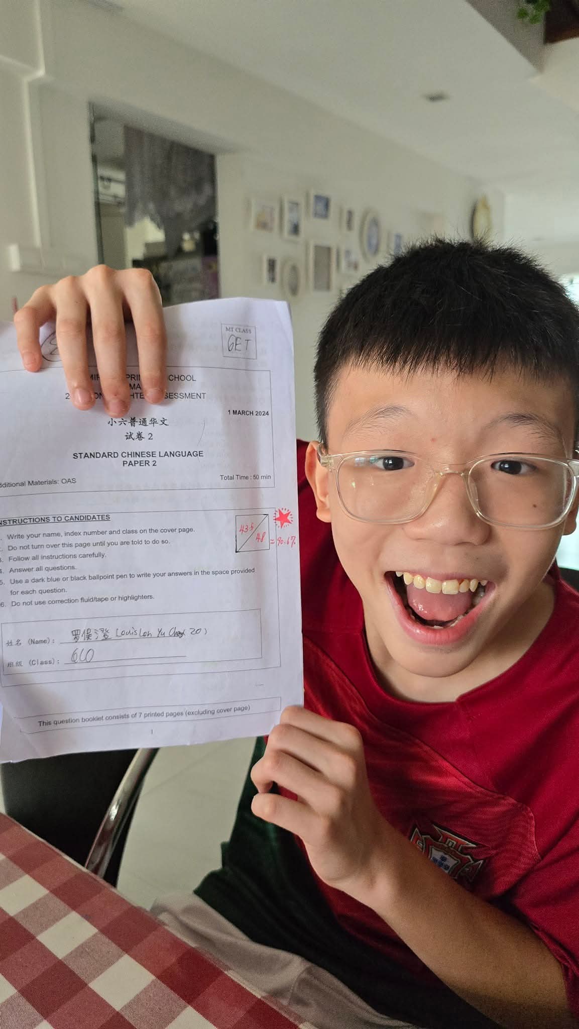 小六普通华文试卷二 43.5/48 (90.6%)