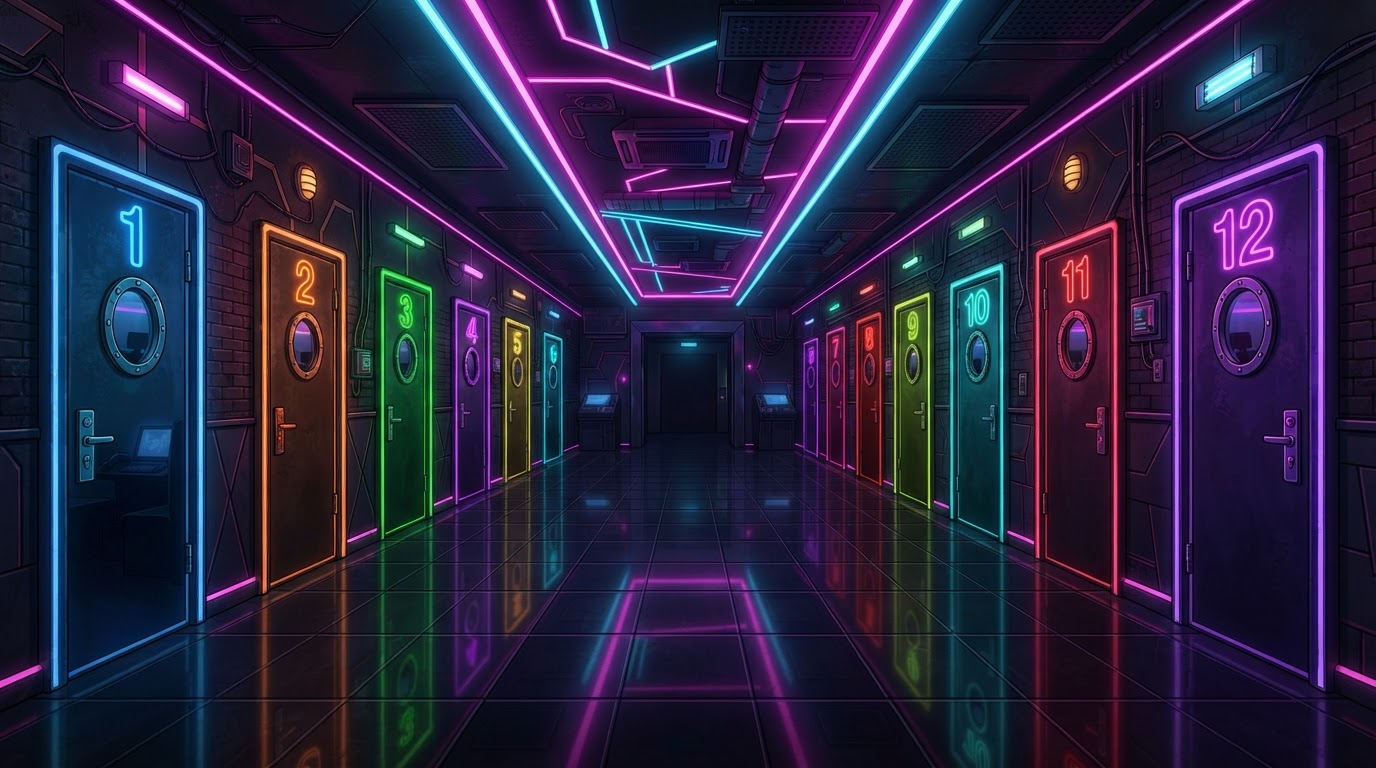Neon-lit karaoke lounge hallway with private rooms