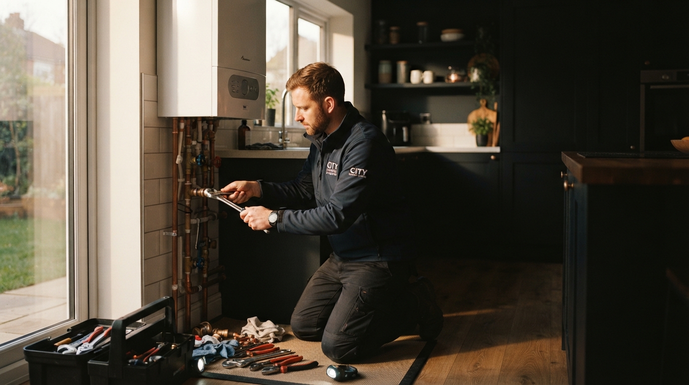 Gas Safe engineer repairing a boiler in a Henfield home
