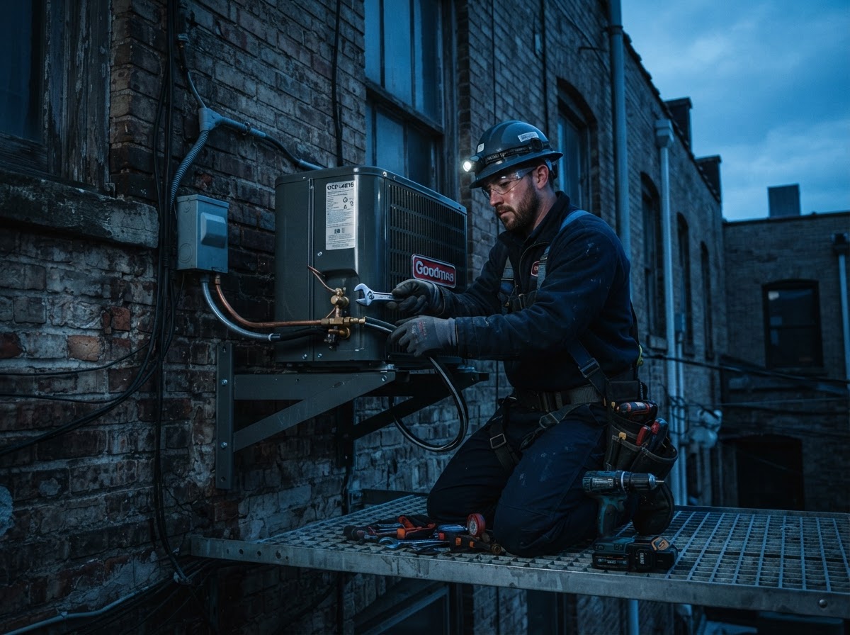 Engineer installing an outdoor air conditioning condenser unit on an exterior wall in Hove