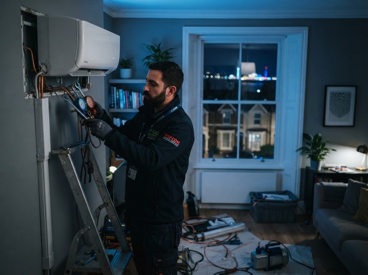 F-Gas certified engineer installing a wall mounted air conditioning unit in a Brighton home